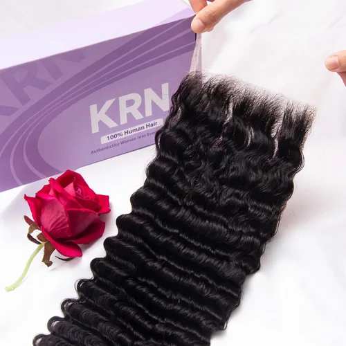 Miniatura 13 de KRN 5x5 HD Cierre de encaje, 0.1mm Ultra-delgado Invisible Cierre de encaje HD Pequeño Nudo Único Pre-arrancado con Cabello de Bebé 12A Grado