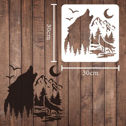 Miniatura 2 de FINGERINSPIRE Plantillas de decoración de lobo de 11.8 x 11.8 pulgadas, plantillas de plástico para dibujar y pintar con la luna del bosque