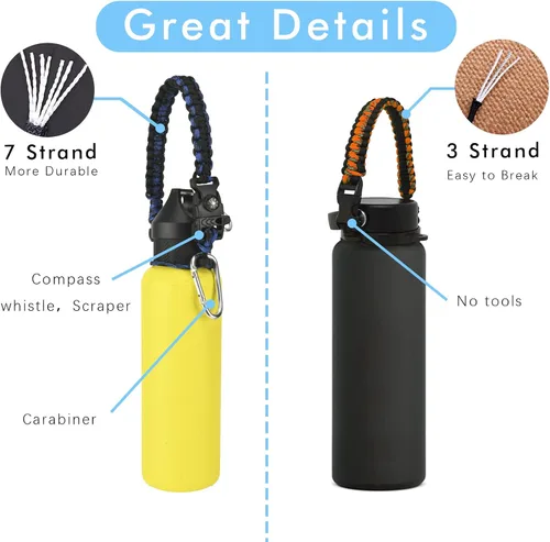 Miniatura 3 de Paracord Handle for Hydro Flask Water Bottles Standard Mouth, Strap Holder with Safety Rubber Ring & Carabiner, Easy to Carry and Durable Reusable