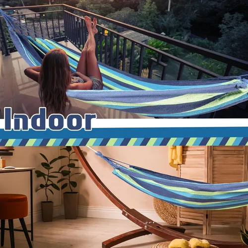 Miniatura 6 de Windyun 2 juegos de hamacas de lona de algodón, hamaca doble grande de 400 libras, hamacas portátiles para acampar para exteriores con bolsa de Azul