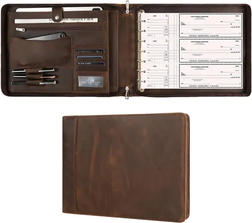 Miniatura 13 de Cuaderno de cheques personalizado de cuero para negocios, carpeta de 7 anillos grabada con soporte para libro de cheques para 3 por página, Marrón