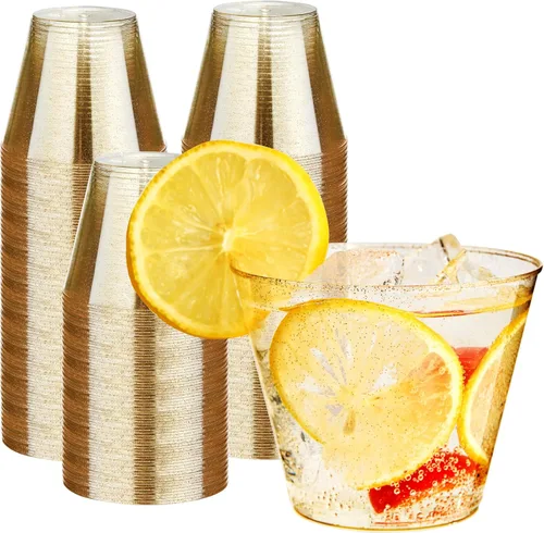 RACETOP 9 oz 100 Pack Gold Glitter Plastic Cups, Disposable Gold Glitter Clear Plastic Cups for Parties, Gatherings, Weddings, and Festival Events