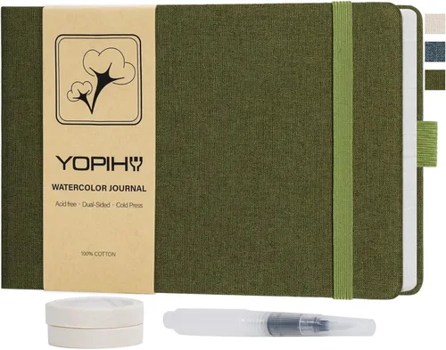 Miniatura 10 de Yopih Artists - Cuaderno de bocetos de acuarela de lino premium, cuaderno de acuarela de 5.5" x 5.5" con papel de algodón de prensa en frío de Beige