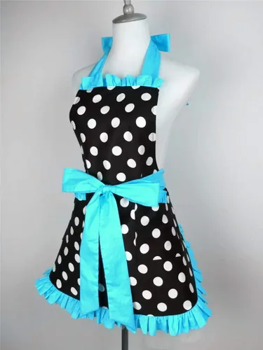 Miniatura 4 de Hyzrz Lindo delantal retro negro de lunares retro con volantes laterales vintage delantales de cocina con bolsillos para mujeres y niñas (lado azul)