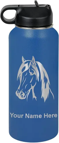 Miniatura 52 de LaserGram Botella de agua personalizada, cabeza de caballo 1, acero inoxidable de doble pared aislada al vacío con popote superior, regalo grabado