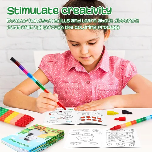 Miniatura 6 de BenLouis 24 mini libros para colorear de animales de granja para niños con 24 crayones apilables, regalos de fiesta de granero, libros