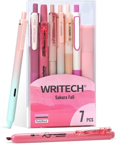 WRITECH Bolígrafos de gel y resaltadores para diario: set de diario con estética de colores pastel surtidos, tinta de 0.5 mm de punta fina, Rosa