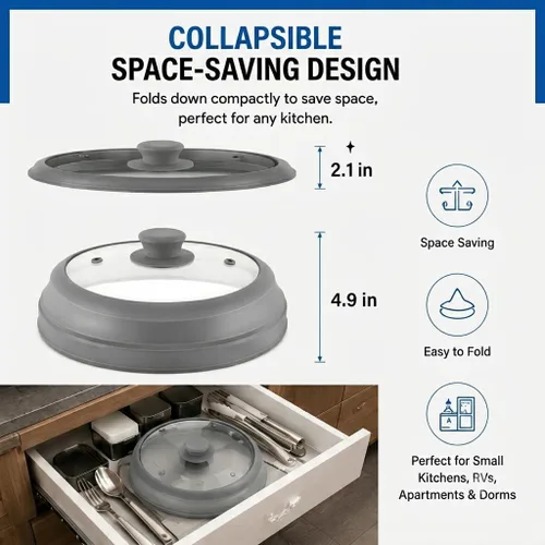 Miniatura 3 de Cubierta de salpicaduras de microondas para alimentos, cubierta de microondas de vidrio de 10.5 pulgadas con borde de silicona plegable, cubierta