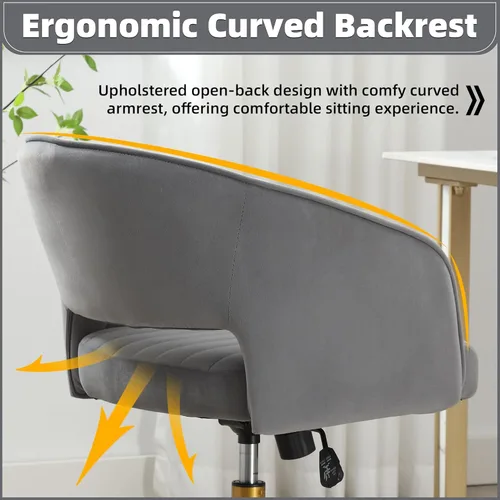 Miniatura 6 de ABET Silla de escritorio con ruedas, silla de terciopelo para oficina en casa, sillón giratorio con base dorada, sillas decorativas modernas Gris