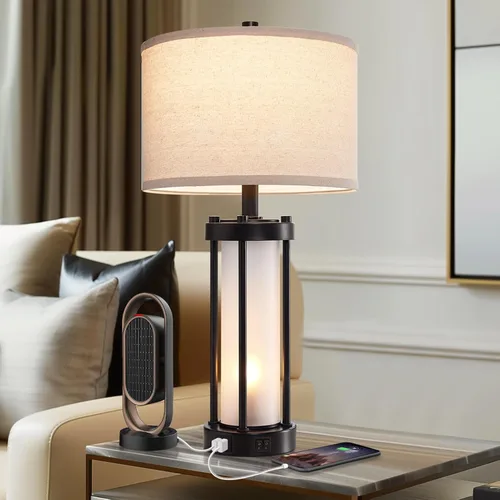 Miniatura 8 de Lámparas de mesa modernas para sala de estar, lámparas industriales de mesita con 2 puertos USB, lámpara rústica de mesita con luz nocturna