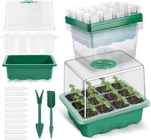 Miniatura 7 de Kit de bandeja de inicio de semillas, paquete de 3 bandejas de cultivo de plantas con cúpula de humedad y base, etiquetas y kit de herramientas