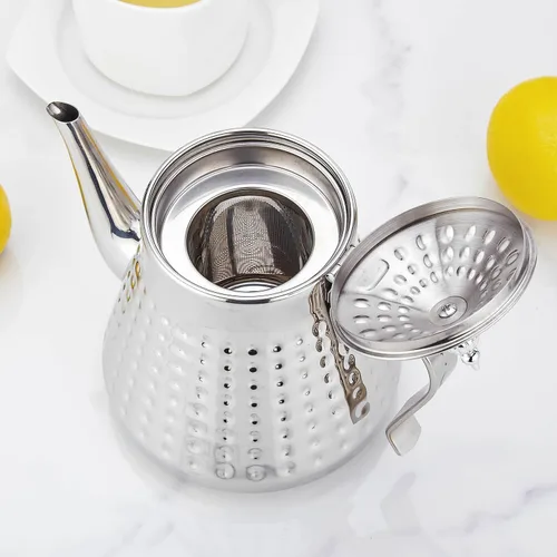 Miniatura 6 de SANQIAHOME 1.2L (40oz) martillo de acero inoxidable modelado tetera con infusor extraíble, cubierta de hojas sueltas, plata