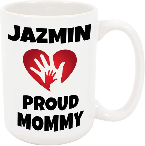 Jazmin Proud Mommy - Taza grande de café o té, regalo para el día de la madre, corazón, amor, especial para baby shower, regalo de nacimiento