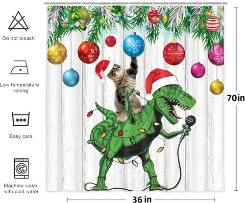 Miniatura 5 de Divertida cortina de ducha de Navidad, bonito dinosaurio en sombrero de Papá Noel cantando Feliz Navidad para niños, niños y niñas, decoración