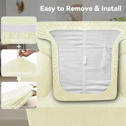 Miniatura 4 de Funda impermeable para silla con brazos, juego de 2 piezas, funda a rayas para 1 sofá separado con cojín en T, fundas de sillón de tela
