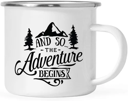 Andaz Press Taza de café de acero inoxidable de 11 onzas, regalo de «And So The Adventure Begins», 1 paquete, cumpleaños, Navidad, exteriores, boda,