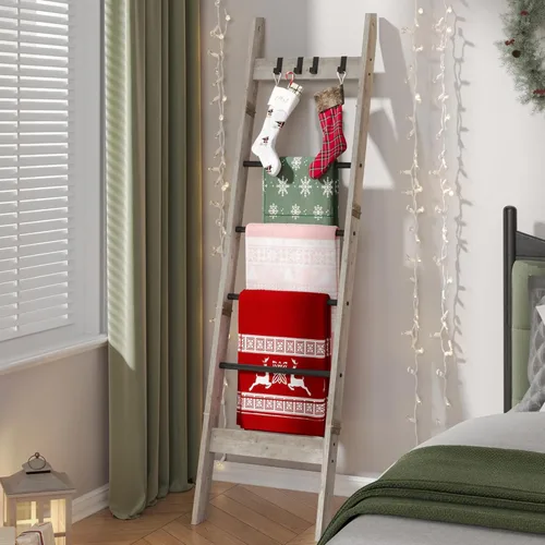 Miniatura 14 de Hzuaneri Escalera para manta para sala de estar, estante decorativo para edredón con 4 ganchos extraíbles, 5 niveles de soporte de escalera de Blanco