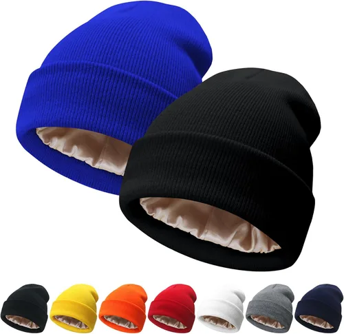 Miniatura 9 de NPQQUAN 2 PCS Satin Lined Beanie for Women Silk Lined Beanies Winter Warm Soft Lining Cuffed Knit Beanie Hats for Women