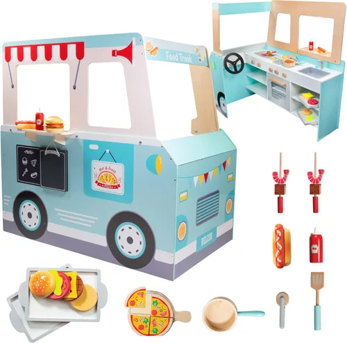 Juego de madera para camión de comida - 20 piezas de juguete divertidas que incluyen estufa, volante, hoja de calcomanías para nombres de niños,