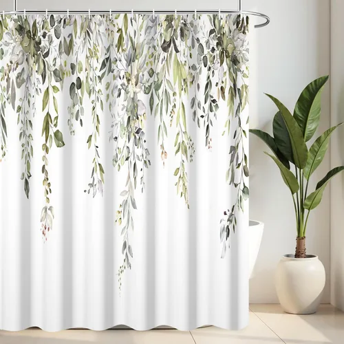 Cortina de ducha verde salvia con eucalipto para baño, cortina de baño impermeable y lavable de tela con hojas de acuarela, juego de cortina de