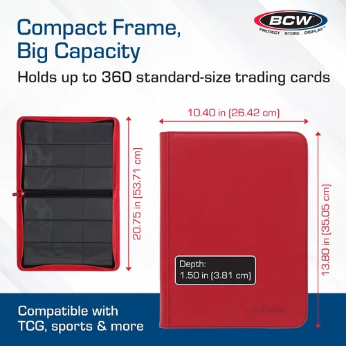 Miniatura 3 de BCW Z-Folio - Álbum LX de 9 bolsillos - Rojo Organizador de tarjetas con cremallera segura Carpeta de colección de tarjetas de cuero sintético