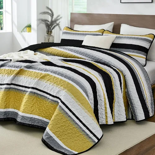Miniatura 12 de WONGS BEDDING Juego de Edredón Full, Juego de Colcha y Cubrecama de 3 Piezas a Rayas Negras, Edredones Ligeros de Verano Tamaño Full para Cama