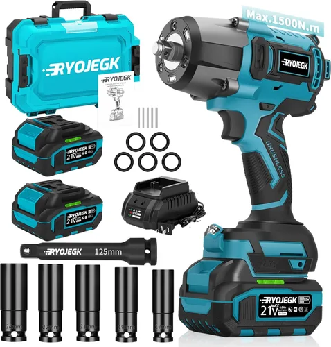 RYOJEGK Llave de impacto de 1500 N.m, pistola de impacto inalámbrica de 1107 pies-libras de 1/2 pulgada, destornillador de impacto de potencia sin