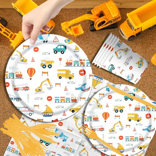 Miniatura 5 de Suministros de fiesta de cumpleaños de transporte, juego de 142 piezas de platos y servilletas de papel de transporte para decoraciones de mesa