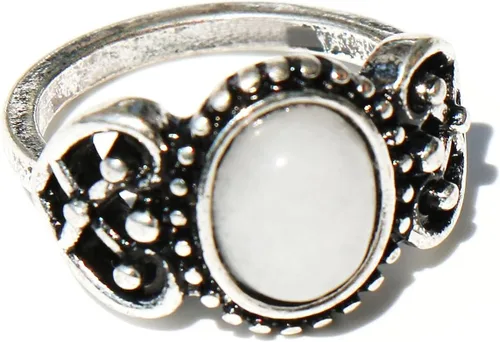Boho Grunge Size 7 Oval White Quartz Stone Ring, Black Onyx Stone Ring, Hippie Vintage Silver Nature Stone Statement Ring for Women Teens Girls