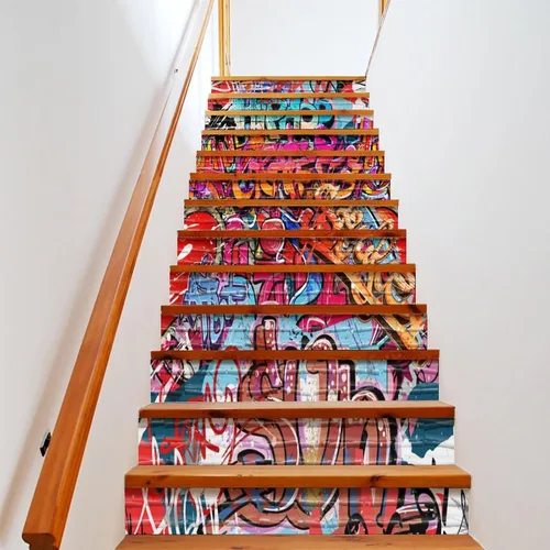 Miniatura 7 de Calcomanías modernas de grafiti en acuarela, calcomanías para escaleras para escaleras, abstracto, hip hop, ciudad, calle, pared, colorido, grafiti