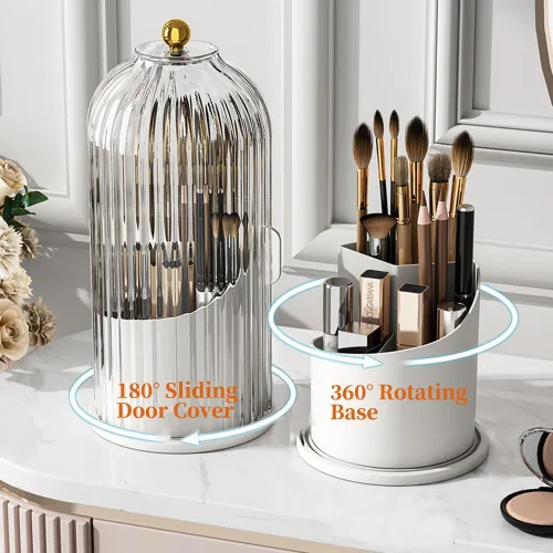 Miniatura 5 de Soporte para brochas de maquillaje con tapa, organizador de tazas de brochas de maquillaje giratorias de 360 grados para tocador, caja