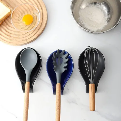 Miniatura 6 de Nihow Soporte de cuchara de cerámica: 4 pulgadas de soporte estable para utensilios - Soporte de cuchara resistente al calor para encimera de negro