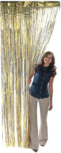 Fun Express - Cortina metálica dorada con flecos para fiesta - Decoración de fiesta - Decoración de puerta - Bordes y cortinas de puerta - Fiesta -