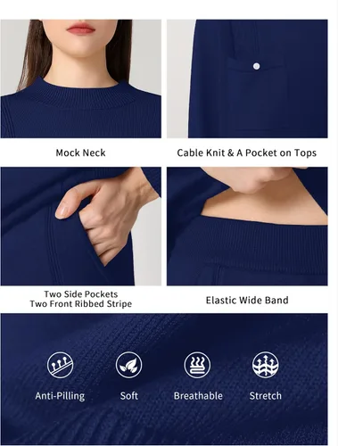 Miniatura 5 de SuperPrity Conjunto de suéter de manga larga para mujer, 2 piezas, cuello alto, suéter de punto trenzado, suéter de pierna ancha con bolsillos