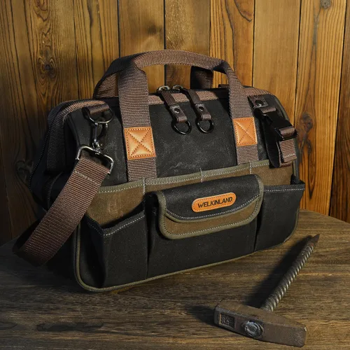 Miniatura 2 de WELKINLAND Bolsa de herramientas de lona de 30 bolsillos, bolsas enceradas de 14 pulgadas de alta resistencia, bolsa de herramientas, electricista