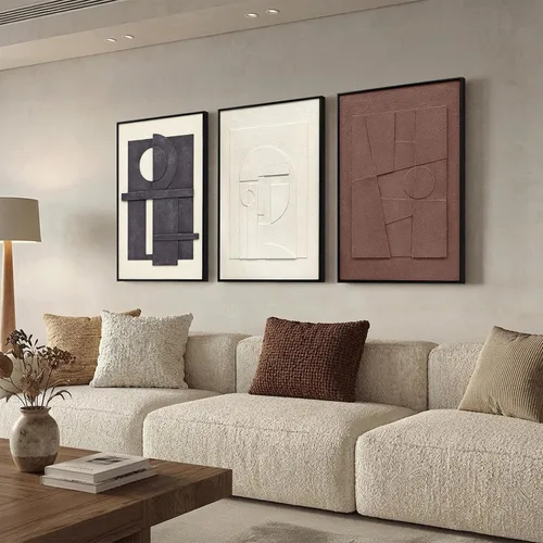 Arte de pared enmarcado abstracto con textura 3D, 3 piezas de decoración de pared moderna neutra, pinturas geométricas minimalistas de pared