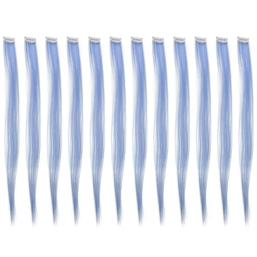 Miniatura 5 de SWACC 12 unidades de broches con extensiones reflejos para cabello de un solo color para fiestas. Mechones de cabello sintético de color., Azul Azul