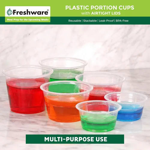 Miniatura 5 de Freshware Vasos de Plástico para Porciones con Tapas [1 Onza, 100 Juegos] Vasos de Plástico Desechables para Preparación de Comidas, Aderezo