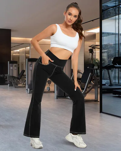 Miniatura 4 de G4Free Pantalones de yoga con bolsillos para mujer, leggings acampanados de 29, 31, 33 pulgadas, cintura cruzada, capri
