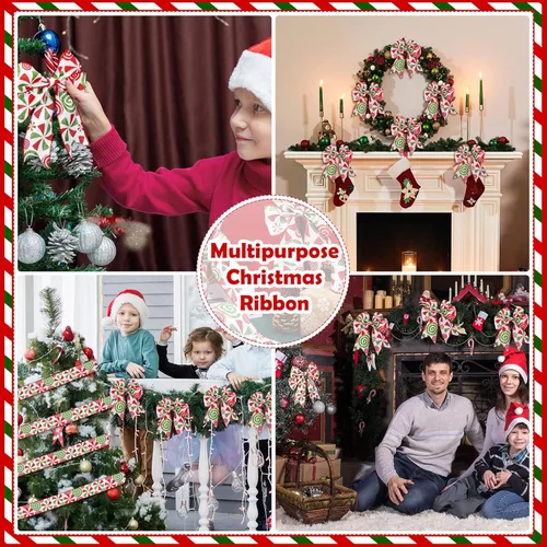 Miniatura 7 de Berlune 4 rollos de cinta de Navidad con borde con alambre de menta de 2.5 pulgadas de ancho, cinta de arpillera para manualidades, corona, árbol