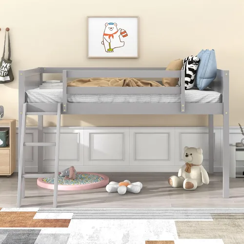 Miniatura 3 de Cama baja de tamaño individual con escalera convertible, se puede colocar a la izquierda o derecha, marco de cama de madera para dormitorio