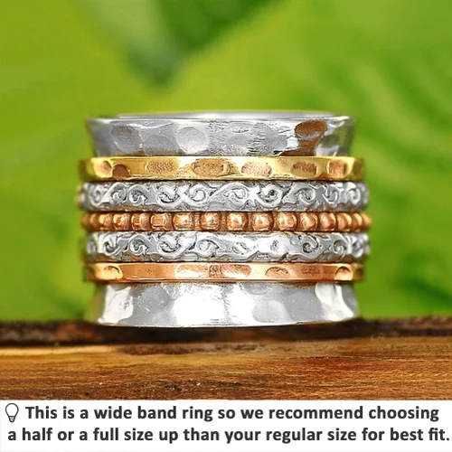 Miniatura 2 de Boho-Magic Anillo giratorio para mujer, plata de ley 925 con bandas de cobre y latón anchas, Metal