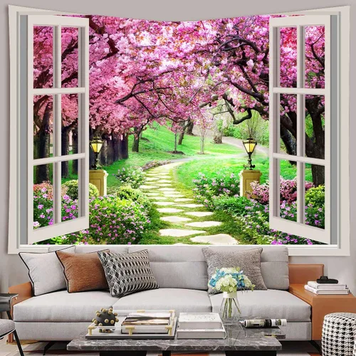 Miniatura 6 de Tapiz japonés de flores de cerezo para ventana, camino de bosque de árboles, flores rosas, botánico, floral, paisaje natural, estético para sala