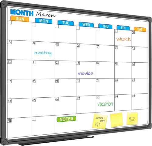 JILoffice Calendario de Pizarra Blanca de Borrado en Seco - Calendario de Pizarra Blanca Magnética Mensual 24 X 18 Pulgadas, Marco de Aluminio Negro