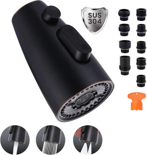 Miniatura 14 de Repuesto de cabezal de grifo de cocina: cabezal rociador de acero inoxidable, 3 modos de boquilla de pulverización extraíble con 9 adaptadores