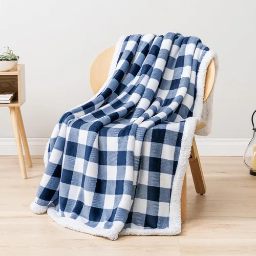 Miniatura 5 de PAVILIA Manta Sherpa de cuadros búfalo blancos y azul marino para sofá, tamaño individual, manta de franela suave y esponjosa para cama, manta