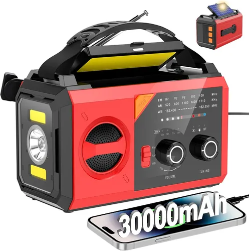 Radio de emergencia de manivela de 30000 mAh - Radio meteorológica portátil solar AM FM NOAA con linterna de 3 modos y lámpara de lectura, conector