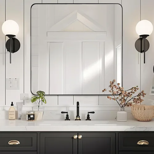ANDY STAR Espejo de pared cuadrado para baño, espejo de baño negro mate de 24 x 24 pulgadas, espejo de metal de esquina redondeada en marco de acero