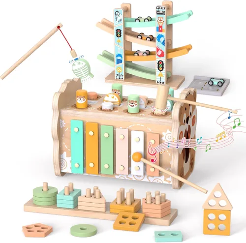 Juguetes Montessori de madera para niños de 1 año, juguetes de clasificación y apilamiento, juguete de martilleo con xilófono y juego de pesca,
