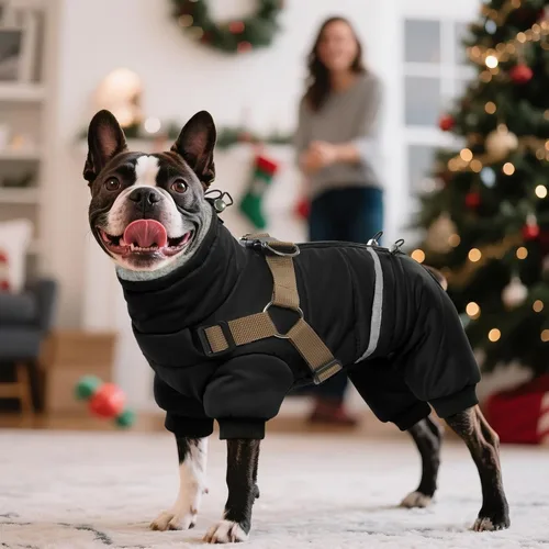 Miniatura 8 de BRKURLEG Abrigo Negro para Perro con Arnés, Chaqueta de Invierno para Perro, Mono para Perros Chaquetas Corporales Cálidas, Abrigos de Invierno